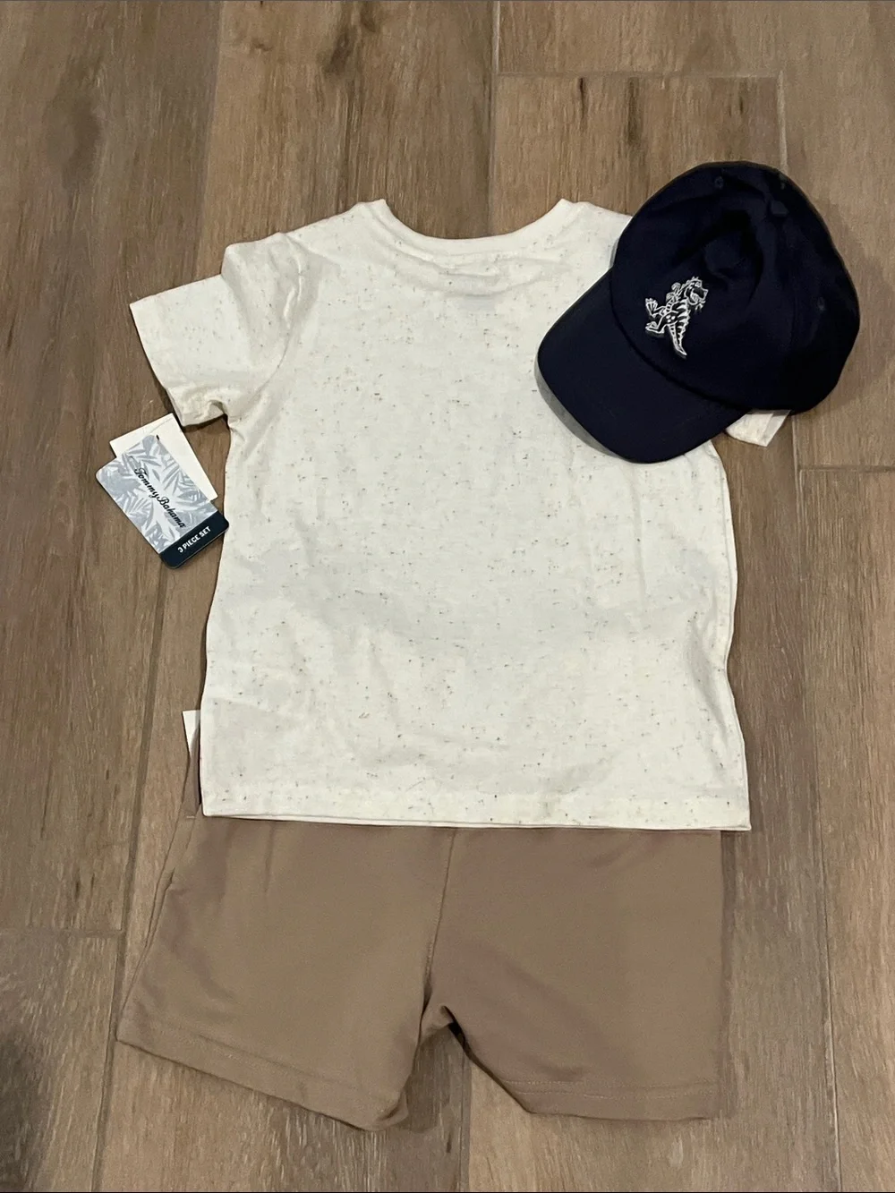 Tommy Bahama Cream Dino 'Built to Roam' Tee with Tan Shorts